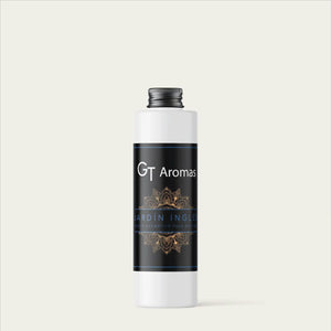 Recarga de aceite aromático GT Aromas Jardín Inglés, envase blanco con etiqueta negra elegante.