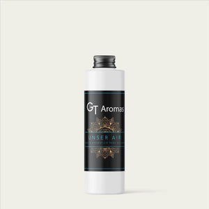 Botella de aceite aromático GT Aromas Unser Air para difusor, fragancias sostenibles.